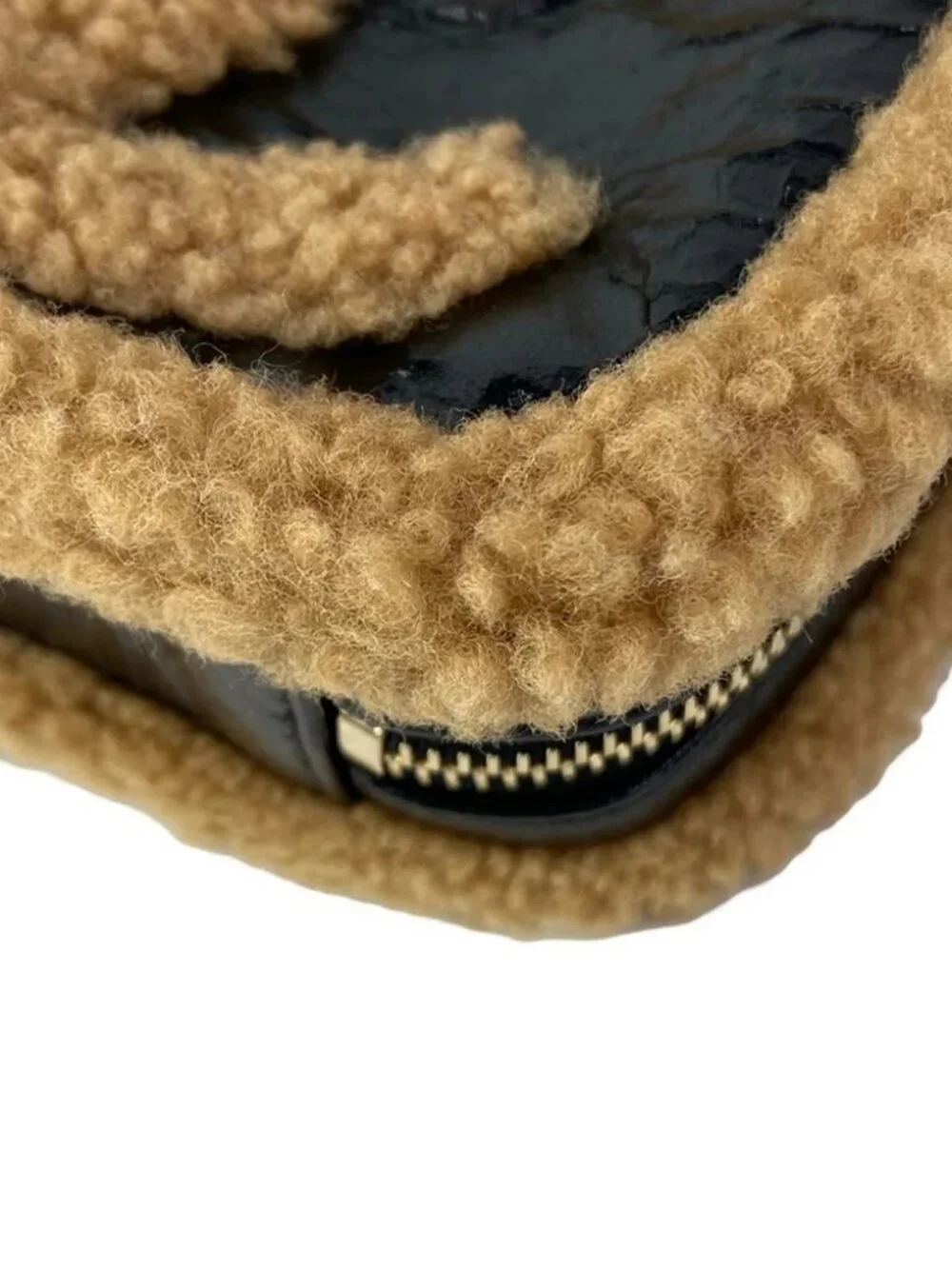 CHANEL CC Fan Black Light Brown Crumpled Sheepskin / Sheared Mouton Bum Bag